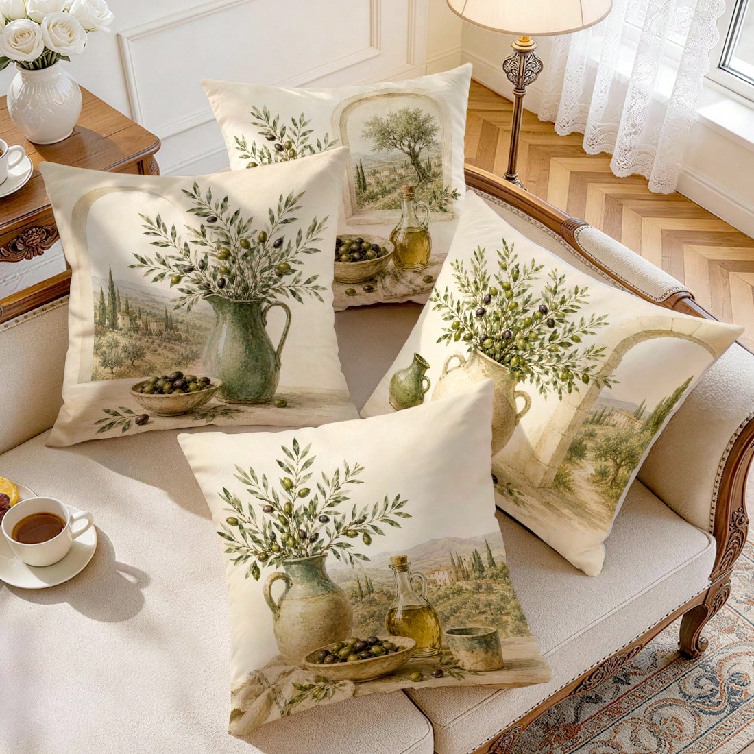 4pcs Vintage Olive Plant Themed Pattern Single-Sided Printed Pillow Covers/Cushion Covers, Multi-Scene Atmosphere Decorative Pillow Covers Suitable For Living Room, Sofa, Bedroom, Without Pillow Inser