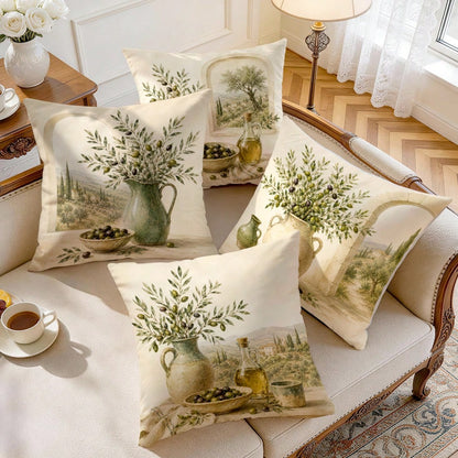 4pcs Vintage Olive Plant Themed Pattern Single-Sided Printed Pillow Covers/Cushion Covers, Multi-Scene Atmosphere Decorative Pillow Covers Suitable For Living Room, Sofa, Bedroom, Without Pillow Inser