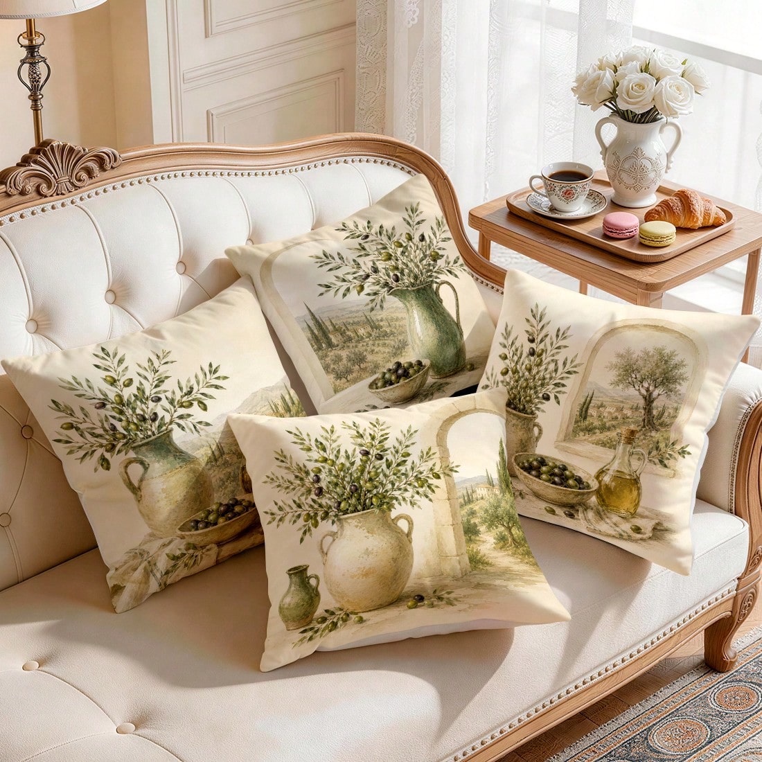4pcs Vintage Olive Plant Themed Pattern Single-Sided Printed Pillow Covers/Cushion Covers, Multi-Scene Atmosphere Decorative Pillow Covers Suitable For Living Room, Sofa, Bedroom, Without Pillow Inser