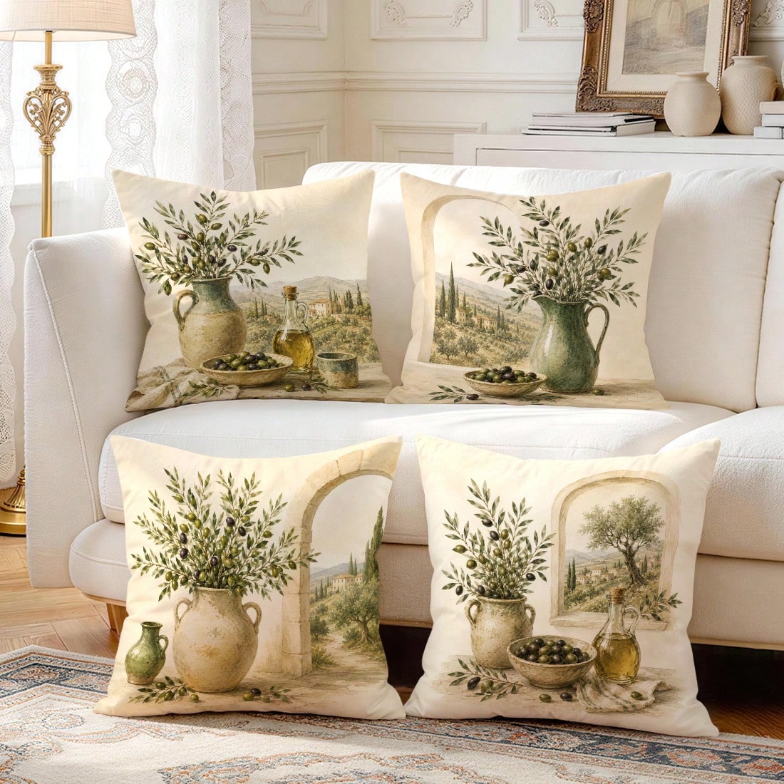 4pcs Vintage Olive Plant Themed Pattern Single-Sided Printed Pillow Covers/Cushion Covers, Multi-Scene Atmosphere Decorative Pillow Covers Suitable For Living Room, Sofa, Bedroom, Without Pillow Inser