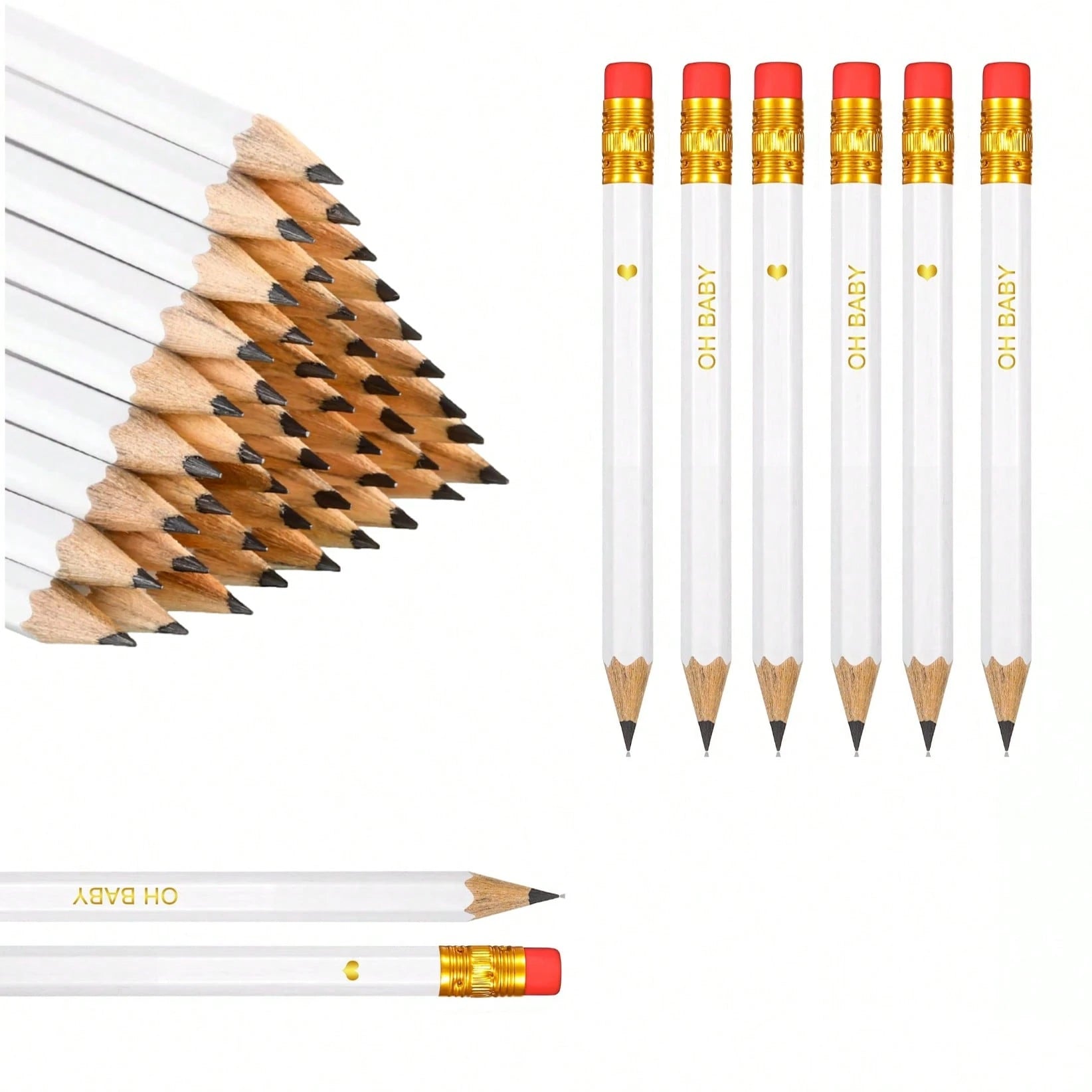 5/10/20/30/40 Pencils- Half Pencils, Mini, Sharpened, With Eraser- 4 Inch Short, 2 HB, Suitable For Gift Games, Baby Shower, Gender Reveal, Bridal Shower Games (White)