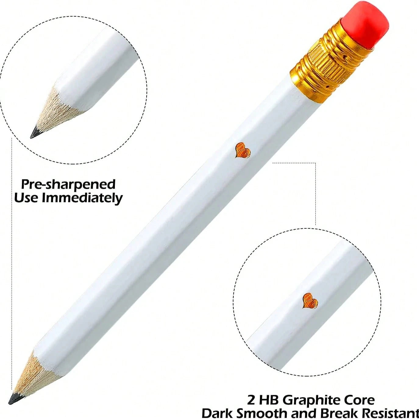 5/10/20/30/40 Pencils- Half Pencils, Mini, Sharpened, With Eraser- 4 Inch Short, 2 HB, Suitable For Gift Games, Baby Shower, Gender Reveal, Bridal Shower Games (White)