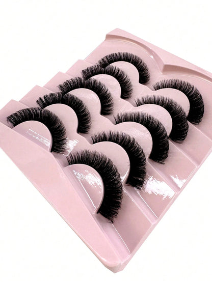 5 Pairs 5D Thick False Eyelashes, Natural DD Curly & Fluffy Cat Eye Lashes, Faux Mink Lashes, Fluffy Cartoon Style Lashes, Makeup Tools, Strip Eyelashes