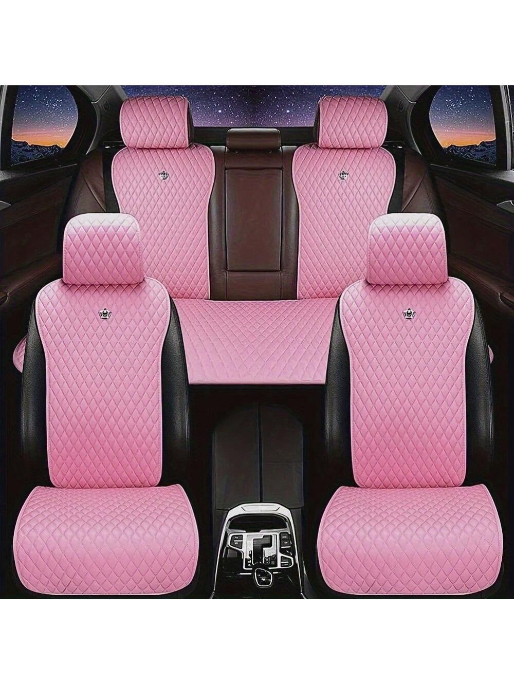 5-Seat Set Pink Inlaid Crystal Crown Car Seat Cushion- Fashionable, Universal, PU Leather Surface, Artificial Diamond Accents, Four Seasons, Women's Car Accessories,Pink Car Stuff