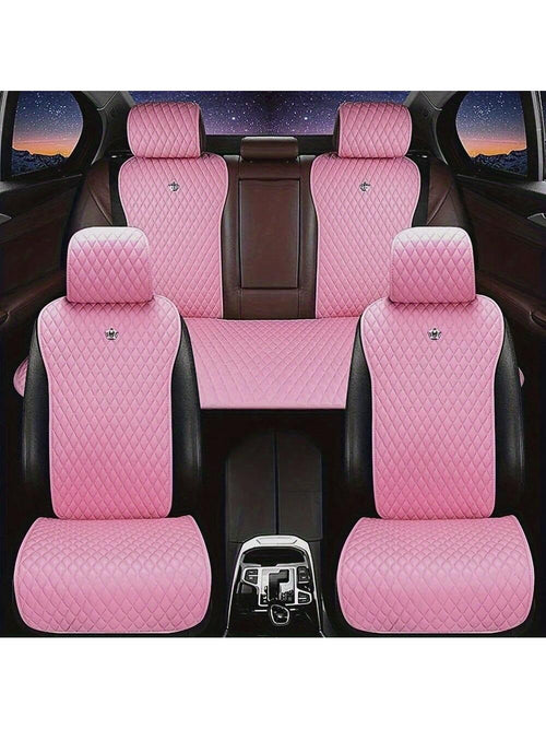 5-Seat Set Pink Inlaid Crystal Crown Car Seat Cushion- Fashionable, Universal, PU Leather Surface, Artificial Diamond Accents, Four Seasons, Women's Car Accessories,Pink Car Stuff