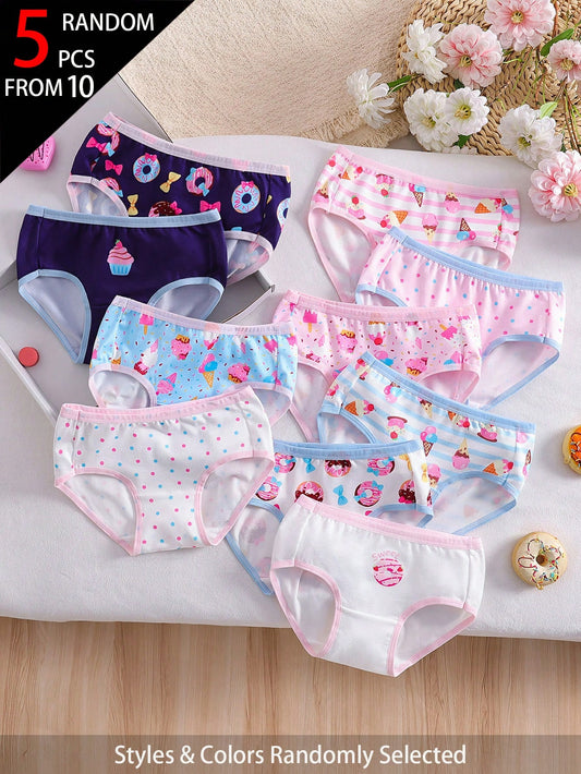 [5 Sets Random] Girls Young Girls Clothing Sweet Stylish Multi-Color Briefs Featuring Sweet Donut And Ice Cream Cartoon Graphic Prints Plus Striped And Polka Dot Patterns In Pink Light Blue Navy