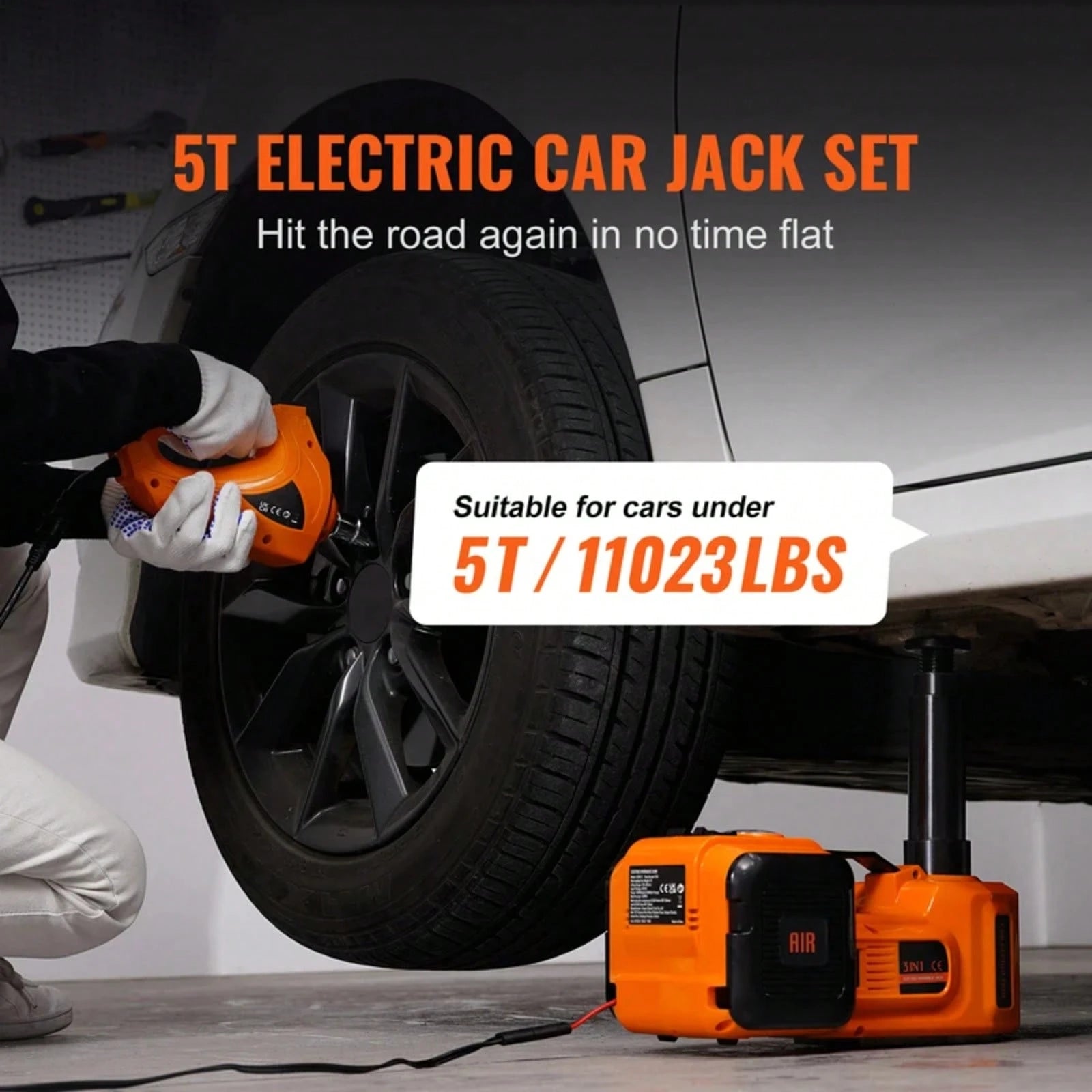5 Ton Electric Hydraulic Car Jack- W/ Electric Impact Wrench, Built-In Inflatable Pump & LED Light, Universal Fit For SUV, Sedan, Truck, 12V Car Emergency Lift Tool