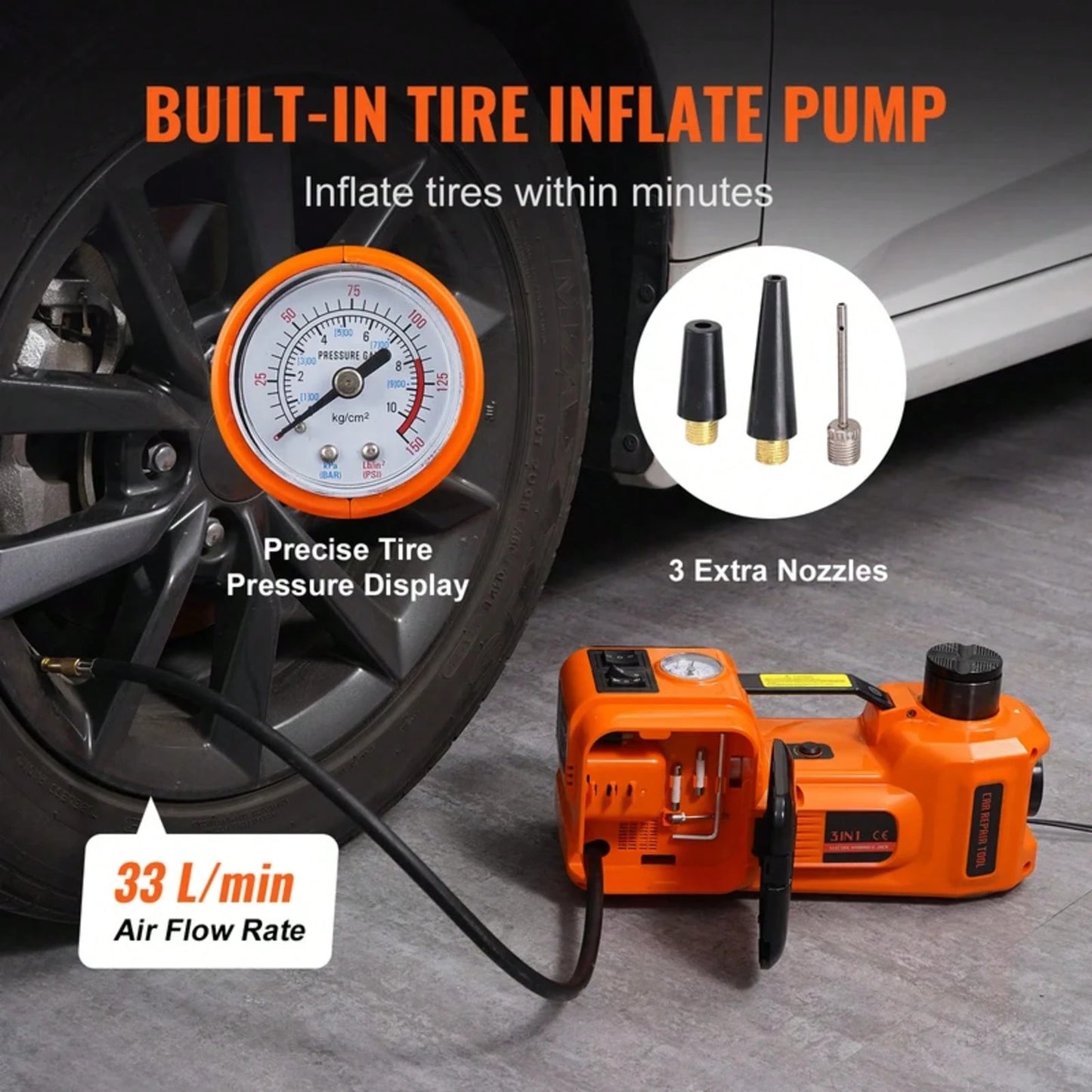 5 Ton Electric Hydraulic Car Jack- W/ Electric Impact Wrench, Built-In Inflatable Pump & LED Light, Universal Fit For SUV, Sedan, Truck, 12V Car Emergency Lift Tool