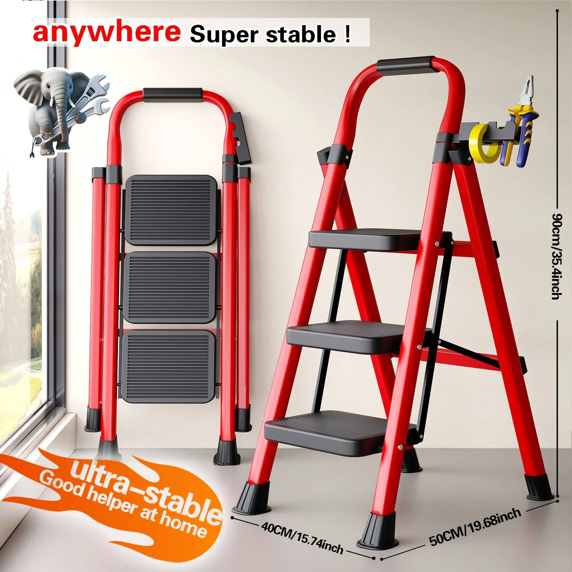 500 Lb Heavy Duty Folding Ladder- Industrial/Residential Grade Ladder With Non-Slip Treads,Thick Metal Construction, Space-Saving Foldable Design, Non-Slip Rungs For Garages,Construction, Home- Idea