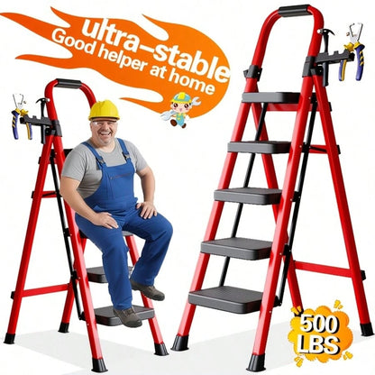 500 Lb Heavy Duty Folding Ladder- Industrial/Residential Grade Ladder With Non-Slip Treads,Thick Metal Construction, Space-Saving Foldable Design, Non-Slip Rungs For Garages,Construction, Home- Idea