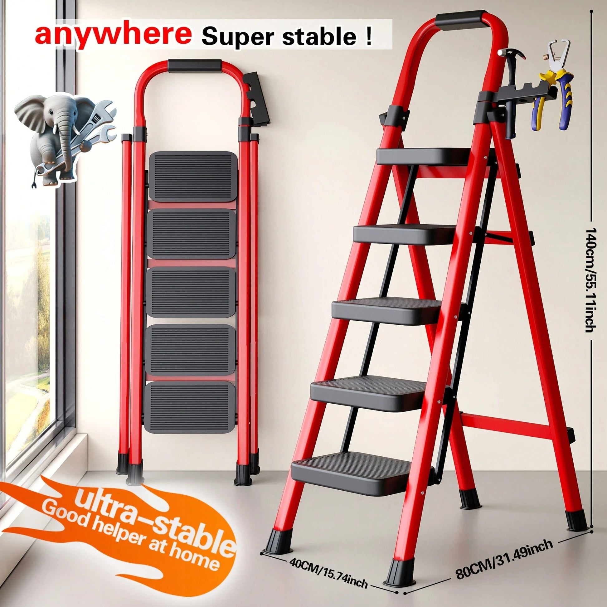 500 Lb Heavy Duty Folding Ladder- Industrial/Residential Grade Ladder With Non-Slip Treads,Thick Metal Construction, Space-Saving Foldable Design, Non-Slip Rungs For Garages,Construction, Home- Idea