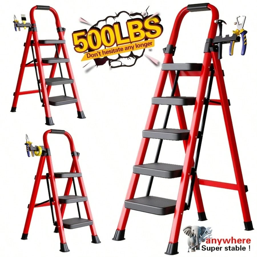 500 Lb Heavy Duty Folding Ladder- Industrial/Residential Grade Ladder With Non-Slip Treads,Thick Metal Construction, Space-Saving Foldable Design, Non-Slip Rungs For Garages,Construction, Home- Idea