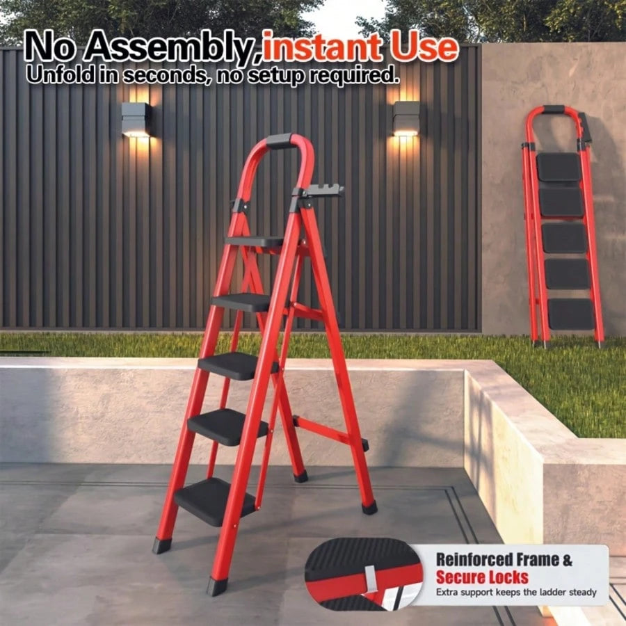 500 Lb Heavy Duty Folding Ladder- Industrial/Residential Grade Ladder With Non-Slip Treads,Thick Metal Construction, Space-Saving Foldable Design, Non-Slip Rungs For Garages,Construction, Home- Idea