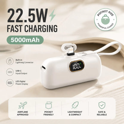 5000mAh Capsule Compact Phone Charger, 22.5W Fast Charging Mini Portable Power Bank With LED Digital Battery Display, Built-In Lightning Plug & Integrated USB-C Cord With Lanyard, Pocket External Batt