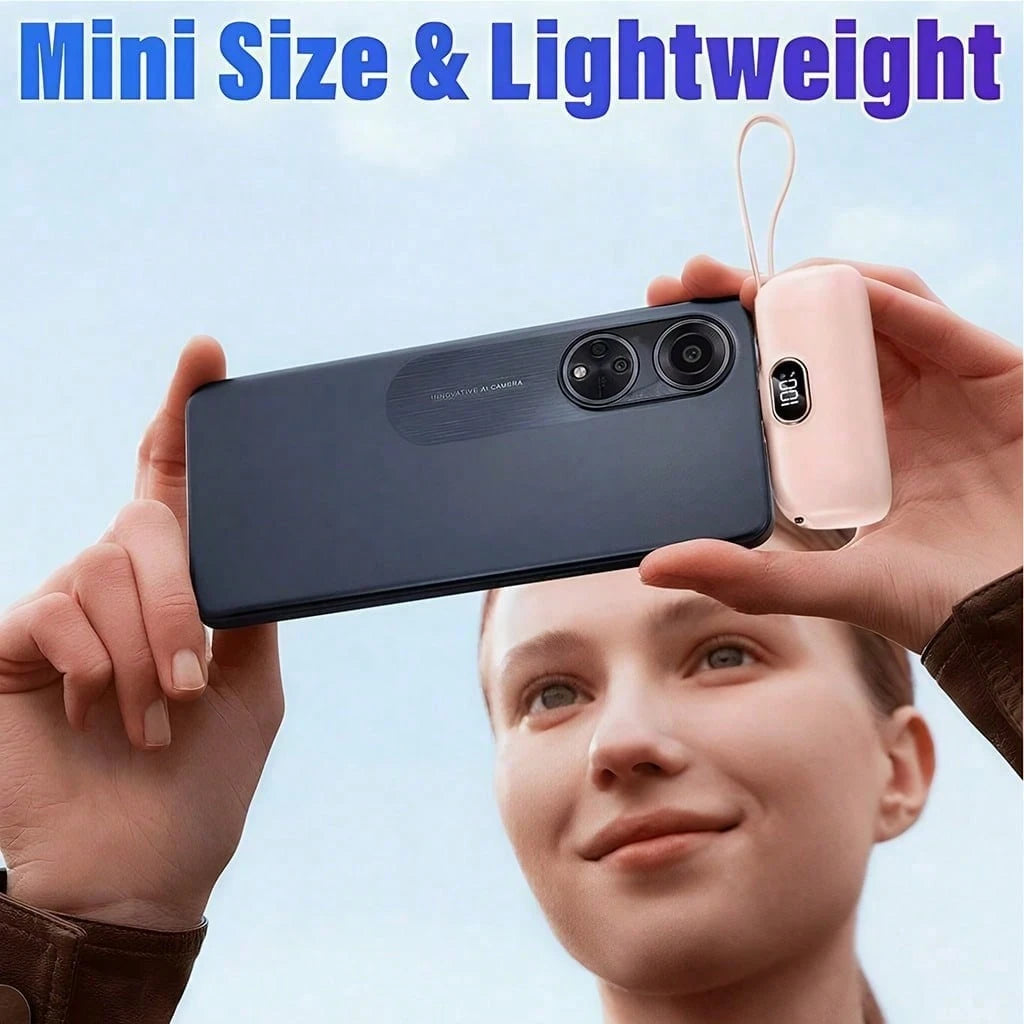 5000mAh Capsule Compact Phone Charger, 22.5W Fast Charging Mini Portable Power Bank With LED Digital Battery Display, Built-In Lightning Plug & Integrated USB-C Cord With Lanyard, Pocket External Batt