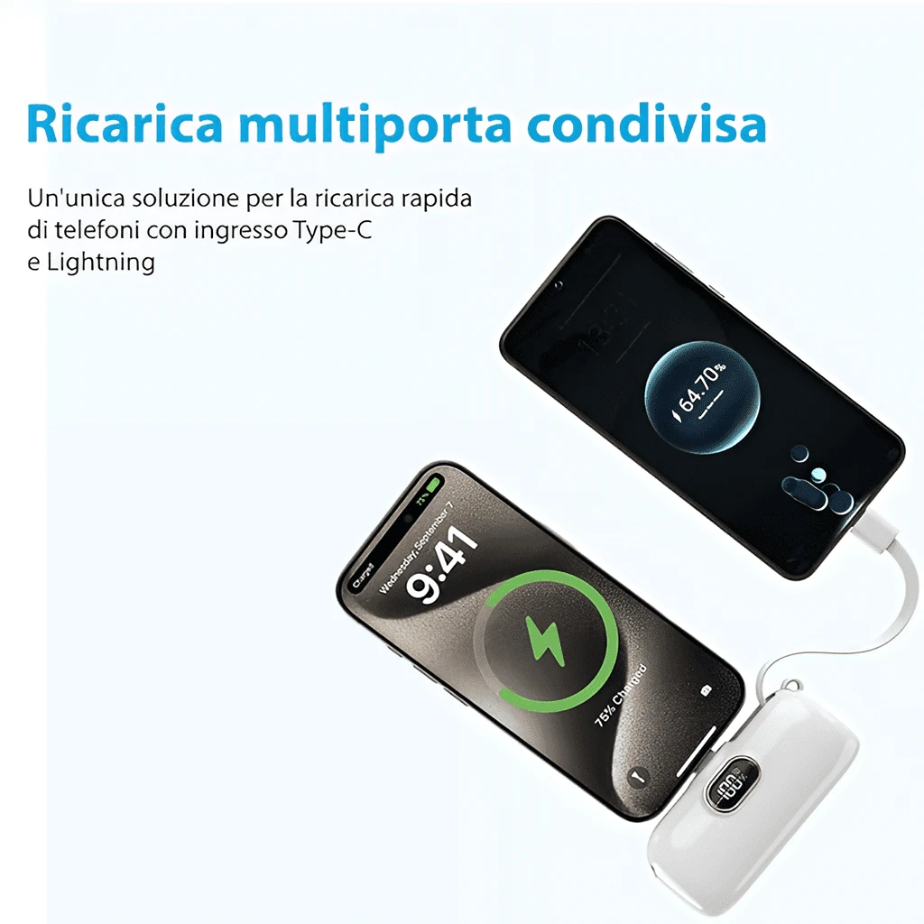 5000mAh Capsule Compact Phone Charger, 22.5W Fast Charging Mini Portable Power Bank With LED Digital Battery Display, Built-In Lightning Plug & Integrated USB-C Cord With Lanyard, Pocket External Batt