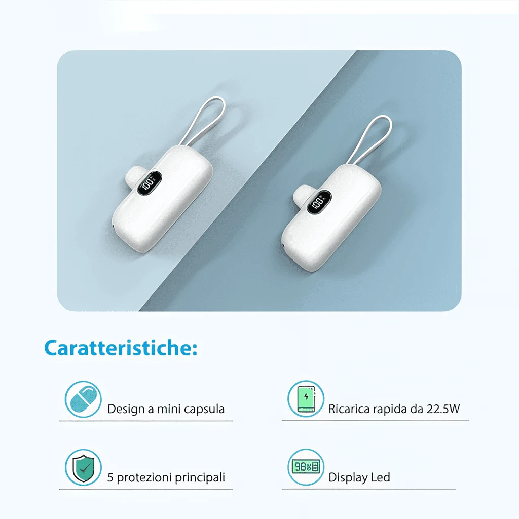 5000mAh Capsule Compact Phone Charger, 22.5W Fast Charging Mini Portable Power Bank With LED Digital Battery Display, Built-In Lightning Plug & Integrated USB-C Cord With Lanyard, Pocket External Batt