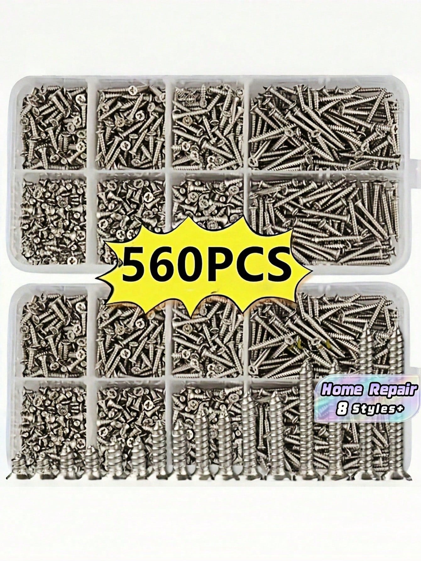 560Pcs Box Self Tapping Wood Screw Set 8 Different Sizes M2 Metal Screw Classification Kit With Storage Box For Woodworking Furniture Repair DIY Home Improvement