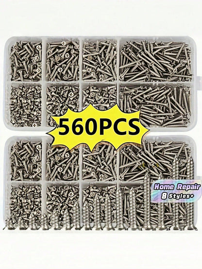 560Pcs Box Self Tapping Wood Screw Set 8 Different Sizes M2 Metal Screw Classification Kit With Storage Box For Woodworking Furniture Repair DIY Home Improvement