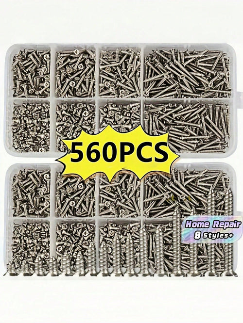 560Pcs Box Self Tapping Wood Screw Set 8 Different Sizes M2 Metal Screw Classification Kit With Storage Box For Woodworking Furniture Repair DIY Home Improvement
