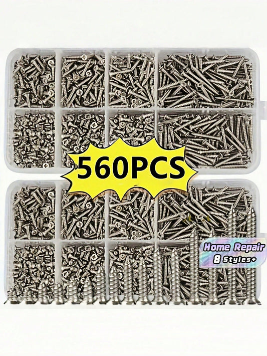 560Pcs Box Self Tapping Wood Screw Set 8 Different Sizes M2 Metal Screw Classification Kit With Storage Box For Woodworking Furniture Repair DIY Home Improvement
