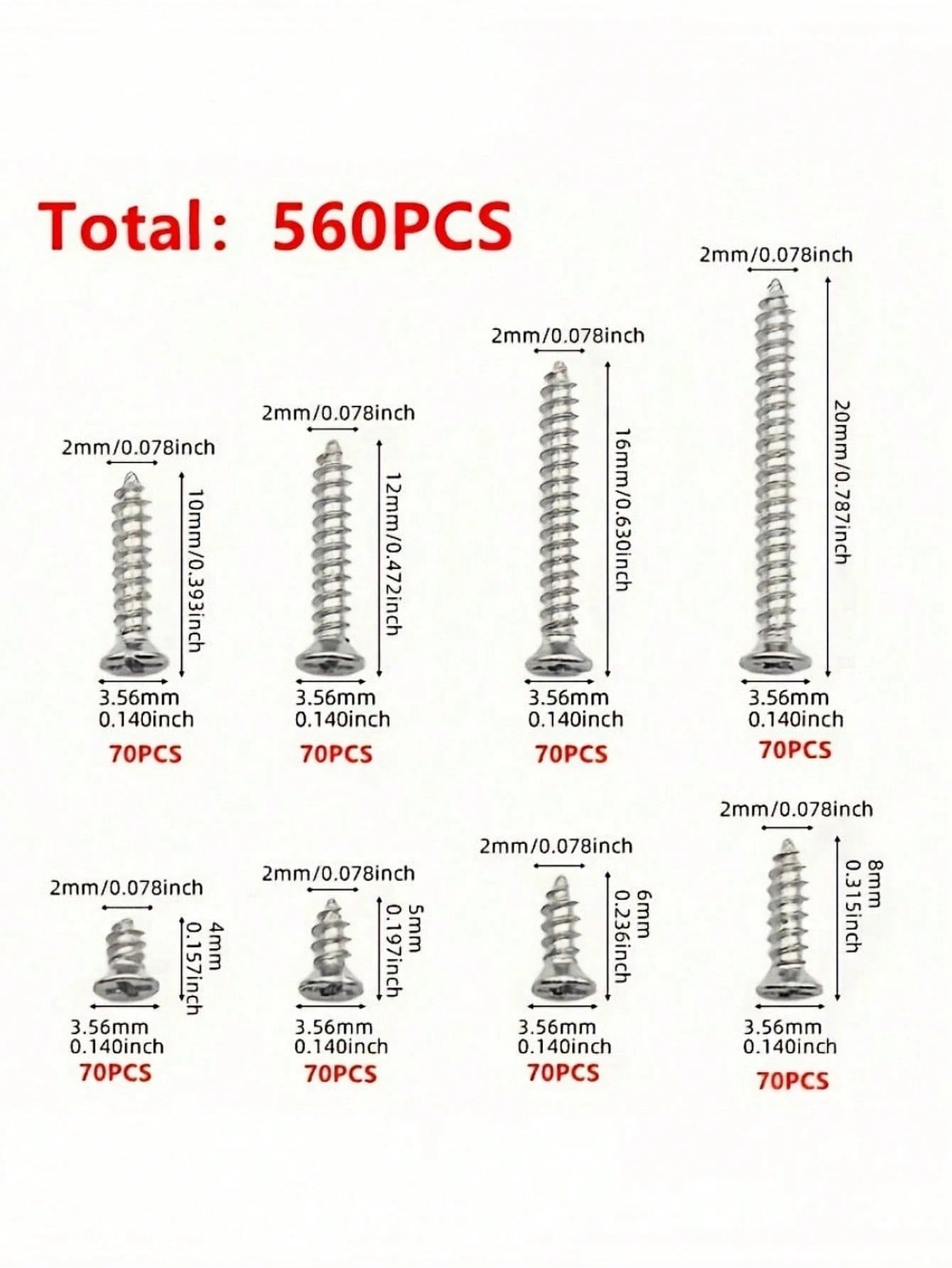 560Pcs Box Self Tapping Wood Screw Set 8 Different Sizes M2 Metal Screw Classification Kit With Storage Box For Woodworking Furniture Repair DIY Home Improvement