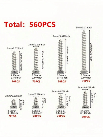 560Pcs Box Self Tapping Wood Screw Set 8 Different Sizes M2 Metal Screw Classification Kit With Storage Box For Woodworking Furniture Repair DIY Home Improvement