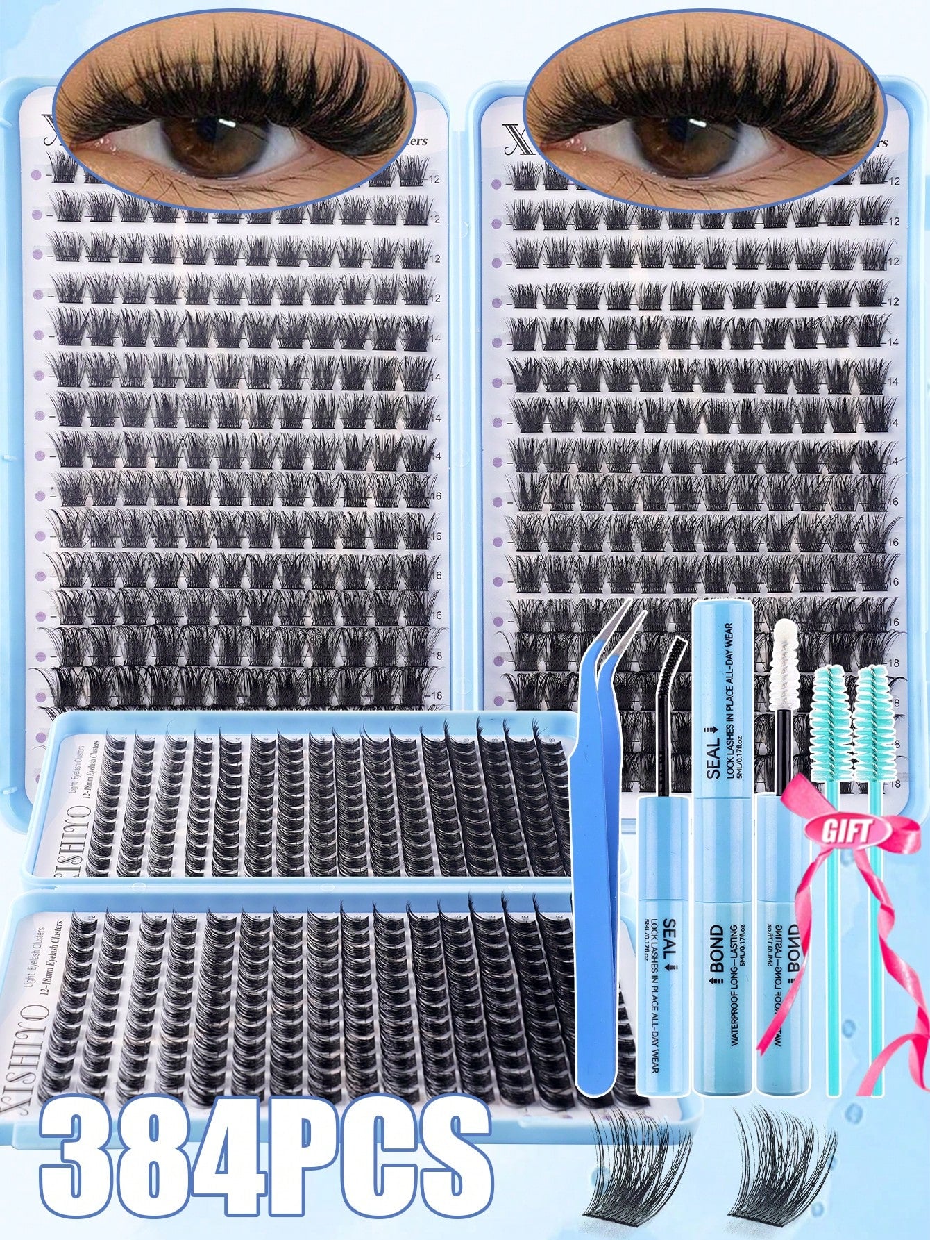 570pcs D-Curl Eyelash Clusters 30D-100D DIY False Eyelash Extension Kit With Glue And Sealer, Tweezers Tool, Mink-Like Texture Natural Curly Eyelash Clusters, Suitable For DIY Eyelash Extensions, Reus