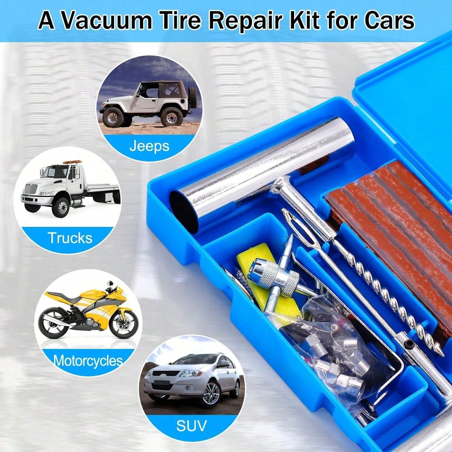 58 Pcs Universal Tire Repair Kit- Tire Plug Kit Universal Tire Patch Kit For Repair Puncture Flat Tire Plug Repair Kit For Motorcycle Tractor Truck SUV Trailer Car, Tire Tool Kit