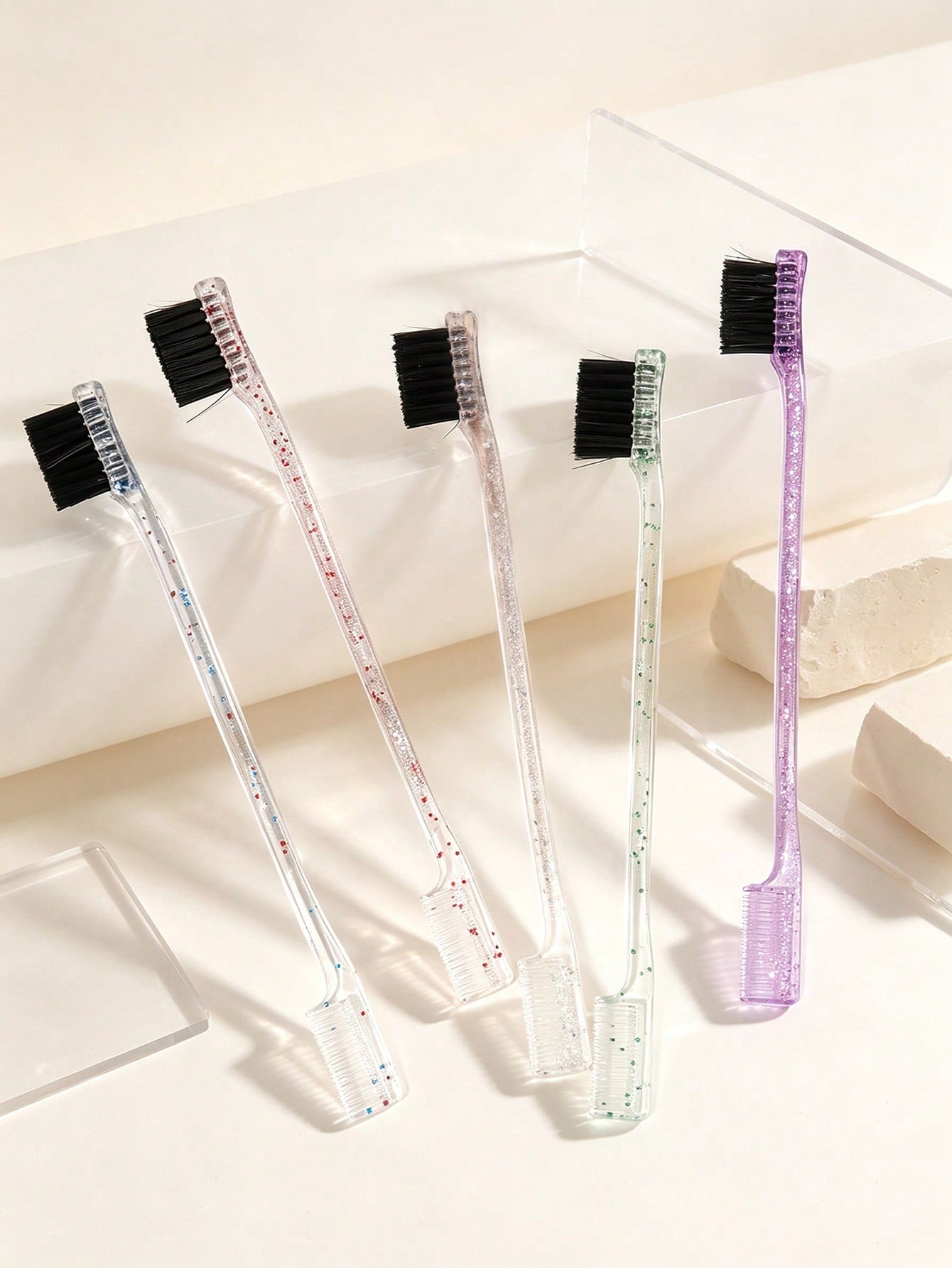 5pcs/1pc Dual End Eyebrow Brush, Glitter Transparent Handle Eyebrow Comb, Professional Nylon Bristles Brow Spoolie Brush, Portable Makeup Eyebrow Grooming Tool For Women Daily Eye Makeup Cosmetic Acce
