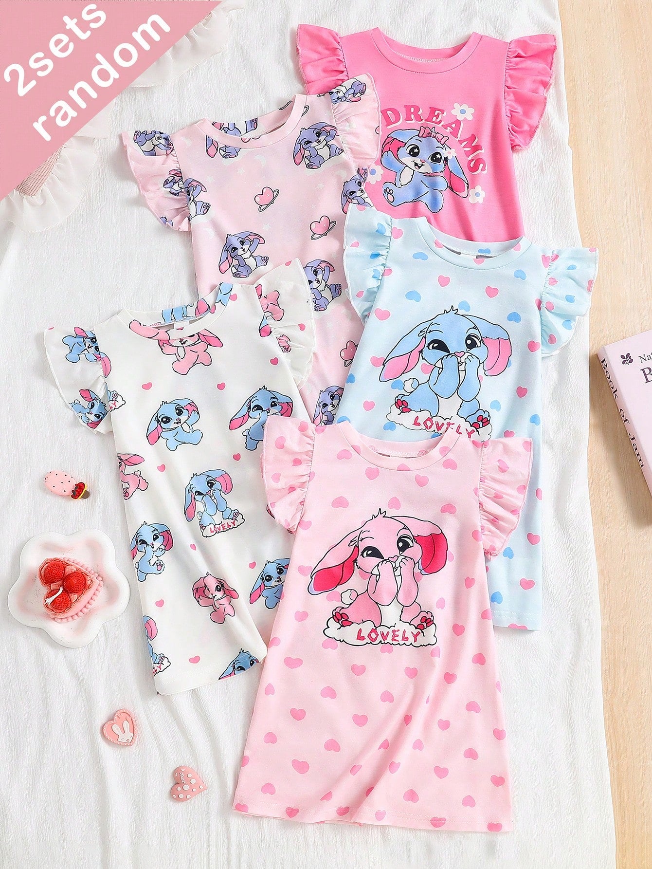 5pcs Random, 2pcs/Set Baby Girls' Colorful Cartoon Donut Print Cap Sleeve Nightgown Pajamas, Summer