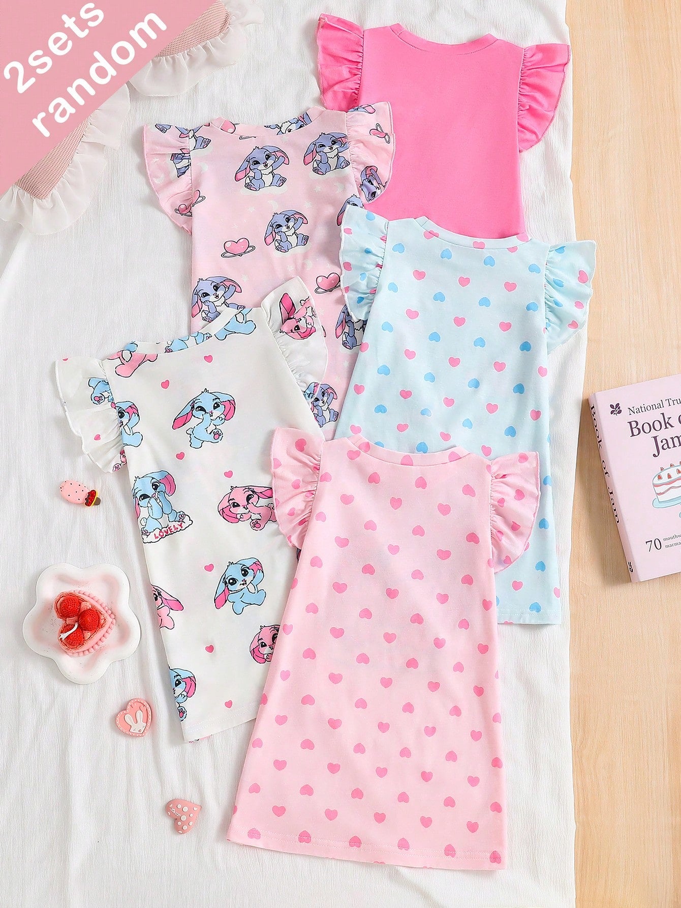 5pcs Random, 2pcs/Set Baby Girls' Colorful Cartoon Donut Print Cap Sleeve Nightgown Pajamas, Summer