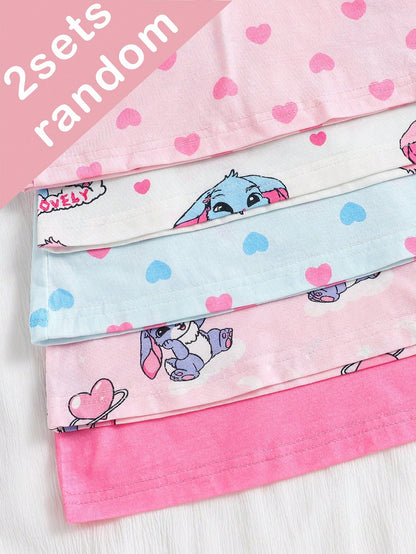 5pcs Random, 2pcs/Set Baby Girls' Colorful Cartoon Donut Print Cap Sleeve Nightgown Pajamas, Summer