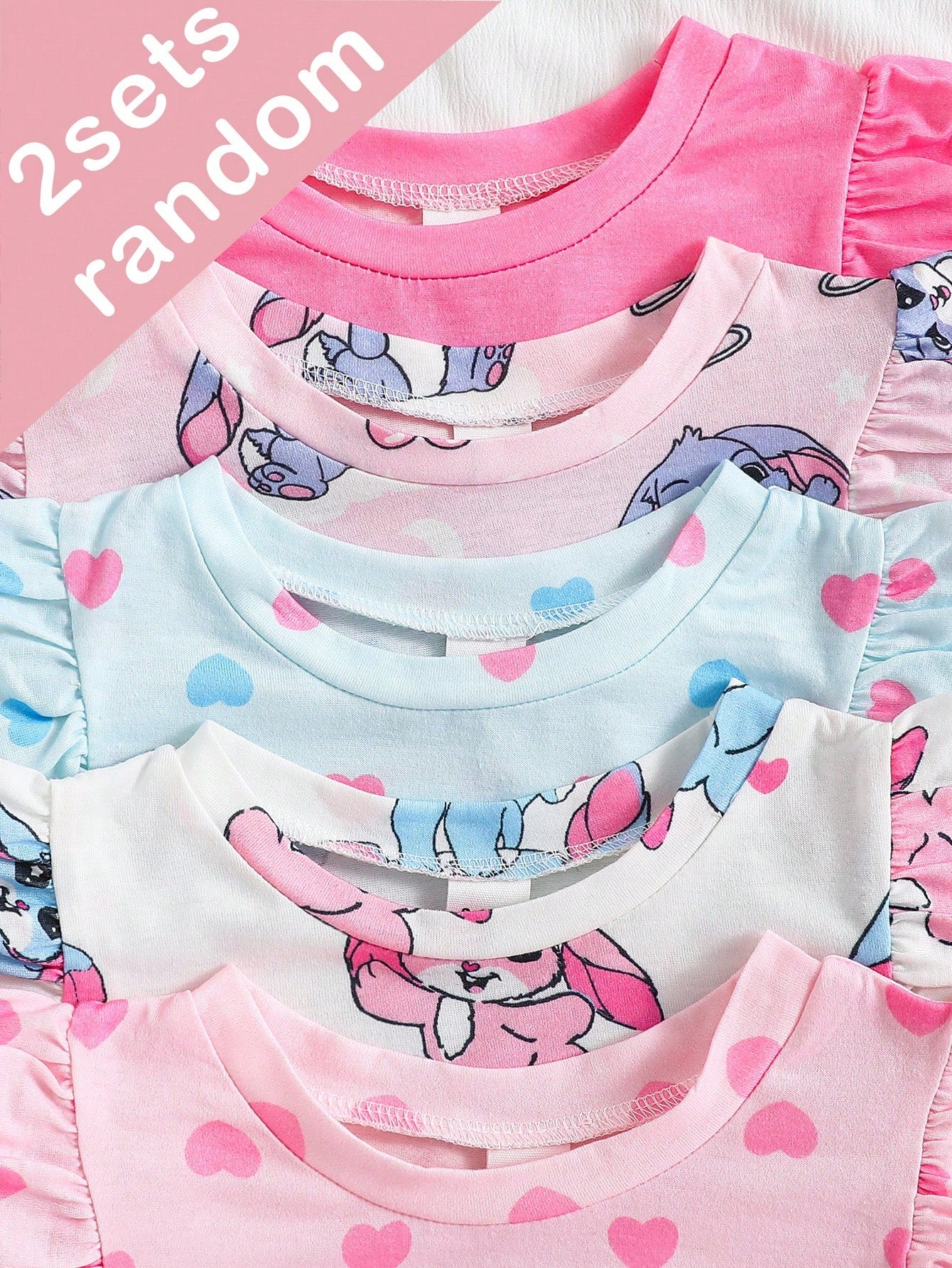 5pcs Random, 2pcs/Set Baby Girls' Colorful Cartoon Donut Print Cap Sleeve Nightgown Pajamas, Summer