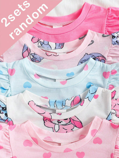 5pcs Random, 2pcs/Set Baby Girls' Colorful Cartoon Donut Print Cap Sleeve Nightgown Pajamas, Summer