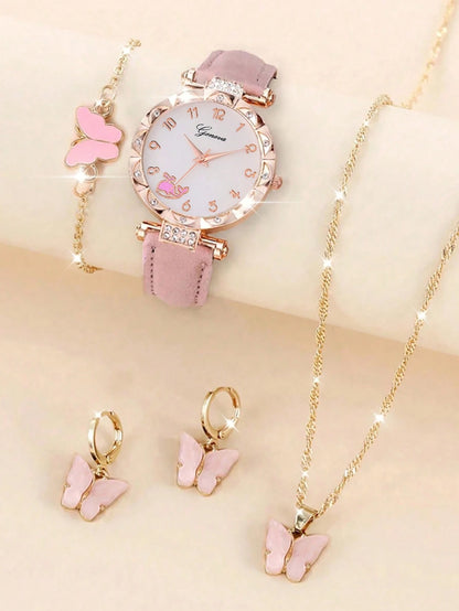 5pcs/Set Casual Pink Whale Kids Quartz Watch With Butterfly Bracelet, Necklace And Earring Jewelry Set, Best Gift Choice