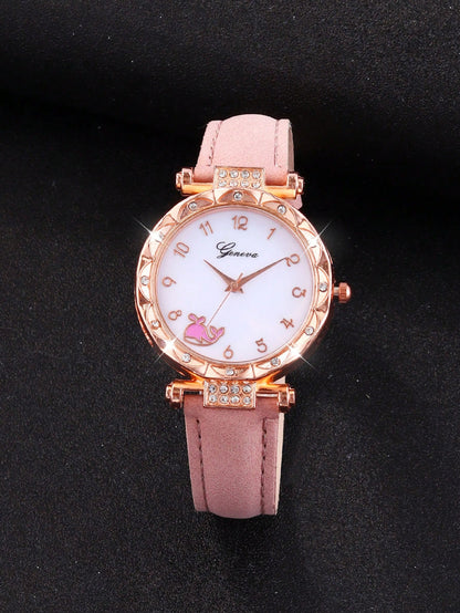 5pcs/Set Casual Pink Whale Kids Quartz Watch With Butterfly Bracelet, Necklace And Earring Jewelry Set, Best Gift Choice