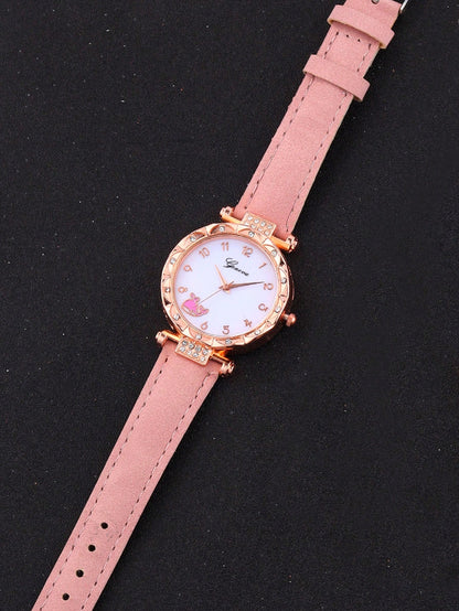5pcs/Set Casual Pink Whale Kids Quartz Watch With Butterfly Bracelet, Necklace And Earring Jewelry Set, Best Gift Choice