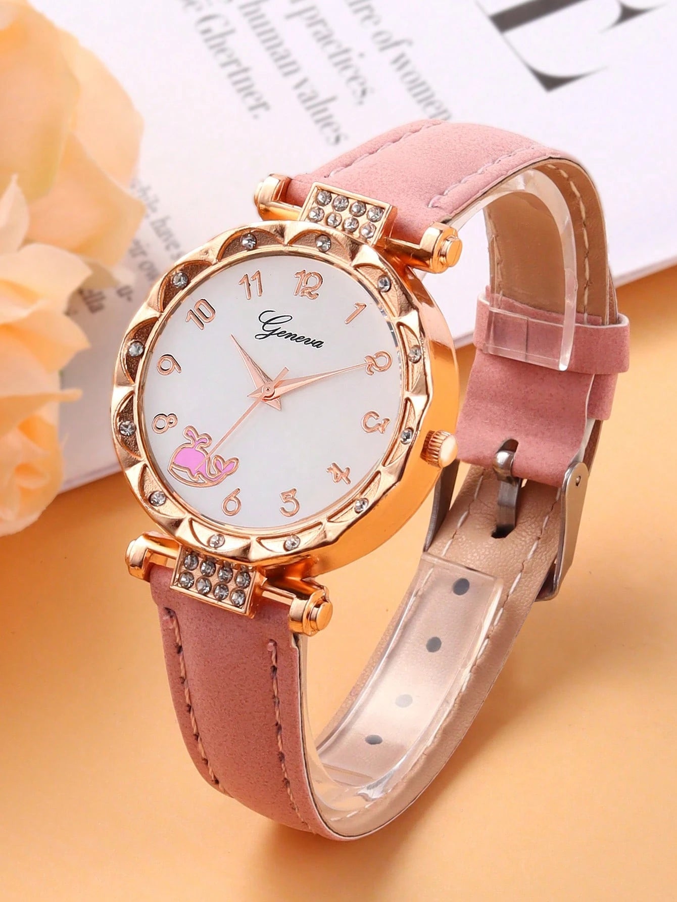 5pcs/Set Casual Pink Whale Kids Quartz Watch With Butterfly Bracelet, Necklace And Earring Jewelry Set, Best Gift Choice