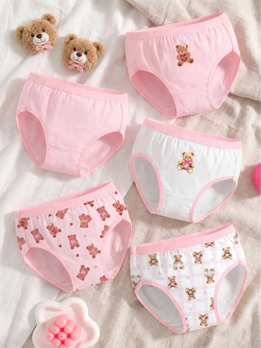 5pcs/Set Girls Toddler Cute Cartoon All-Over Print Animal Webbing Waistband Triangle Panties Underwear Colorful Bear Summer