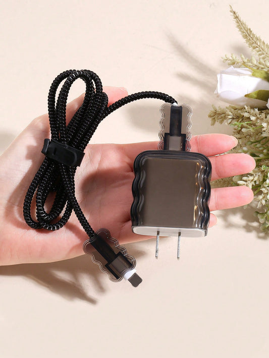 5pcs/Set Solid Color Transparent Wave Shell Data Cable Charging Head Protection Sleeve With 1.5m Winding & Fixing Device, Compatible With IPhone 12/13/14 Mobile Phone Models, 20w Fast Charge Data Cabl