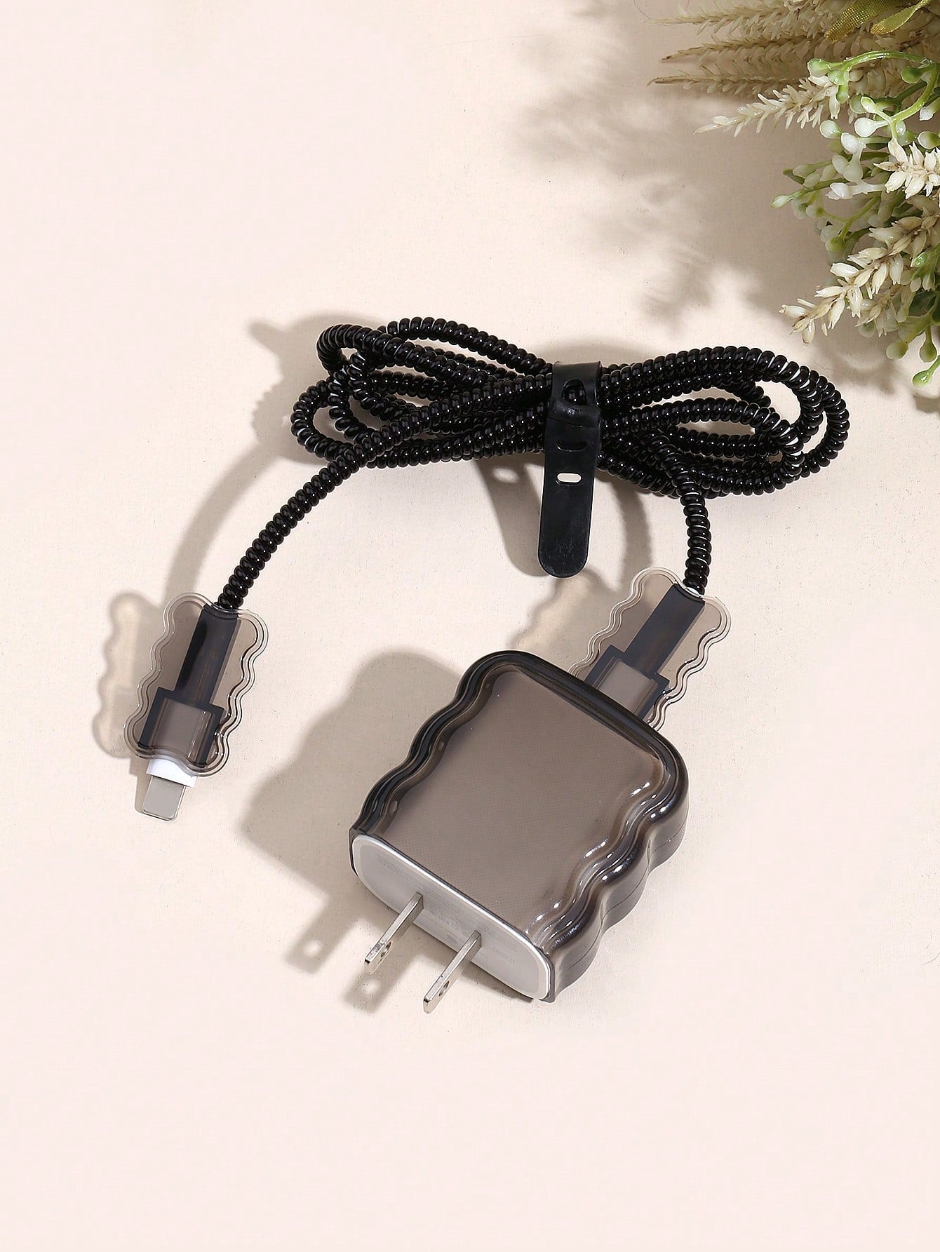 5pcs/Set Solid Color Transparent Wave Shell Data Cable Charging Head Protection Sleeve With 1.5m Winding & Fixing Device, Compatible With IPhone 12/13/14 Mobile Phone Models, 20w Fast Charge Data Cabl