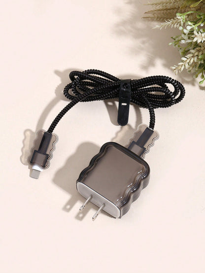 5pcs/Set Solid Color Transparent Wave Shell Data Cable Charging Head Protection Sleeve With 1.5m Winding & Fixing Device, Compatible With IPhone 12/13/14 Mobile Phone Models, 20w Fast Charge Data Cabl