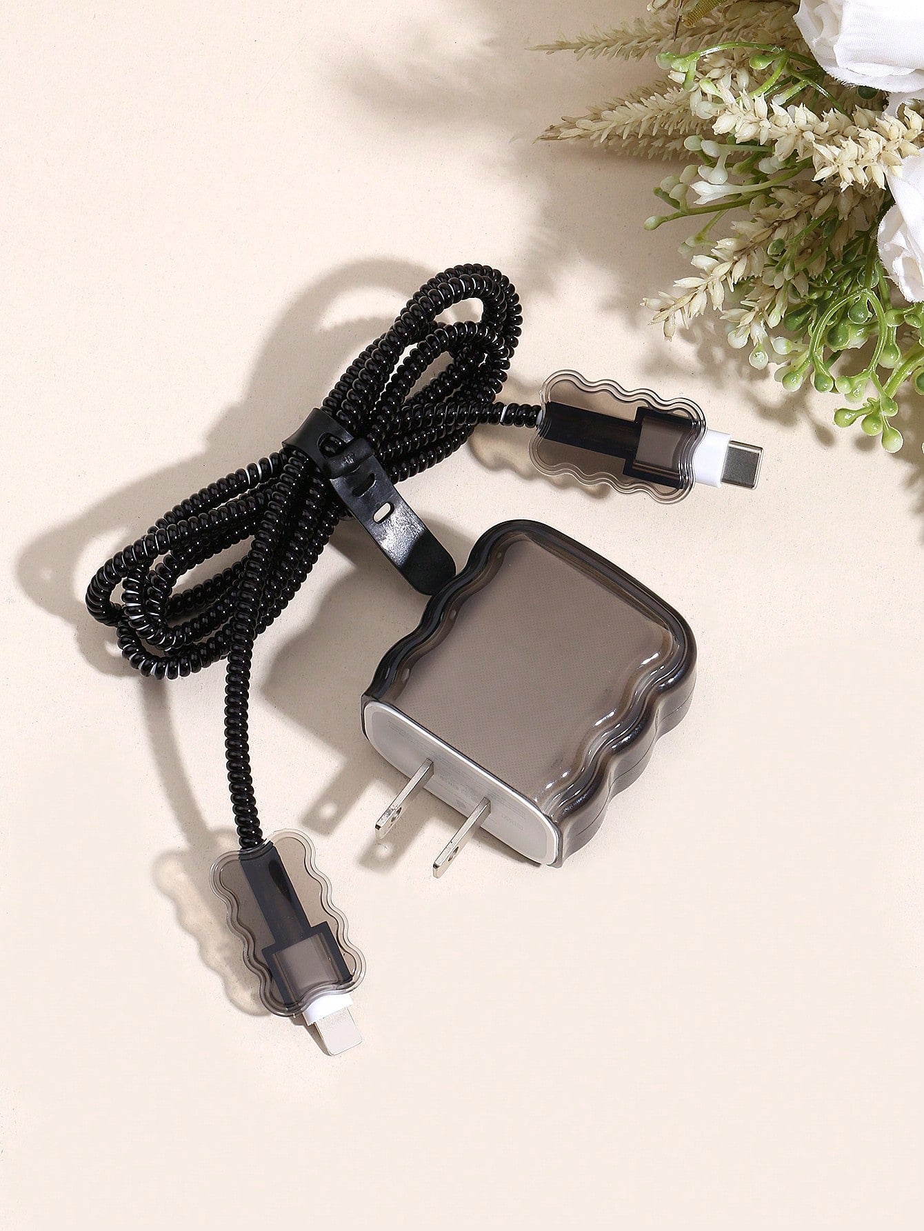 5pcs/Set Solid Color Transparent Wave Shell Data Cable Charging Head Protection Sleeve With 1.5m Winding & Fixing Device, Compatible With IPhone 12/13/14 Mobile Phone Models, 20w Fast Charge Data Cabl