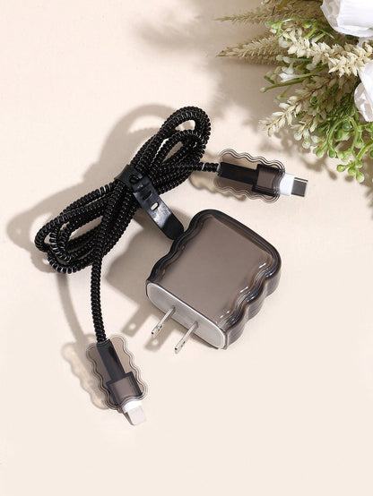 5pcs/Set Solid Color Transparent Wave Shell Data Cable Charging Head Protection Sleeve With 1.5m Winding & Fixing Device, Compatible With IPhone 12/13/14 Mobile Phone Models, 20w Fast Charge Data Cabl