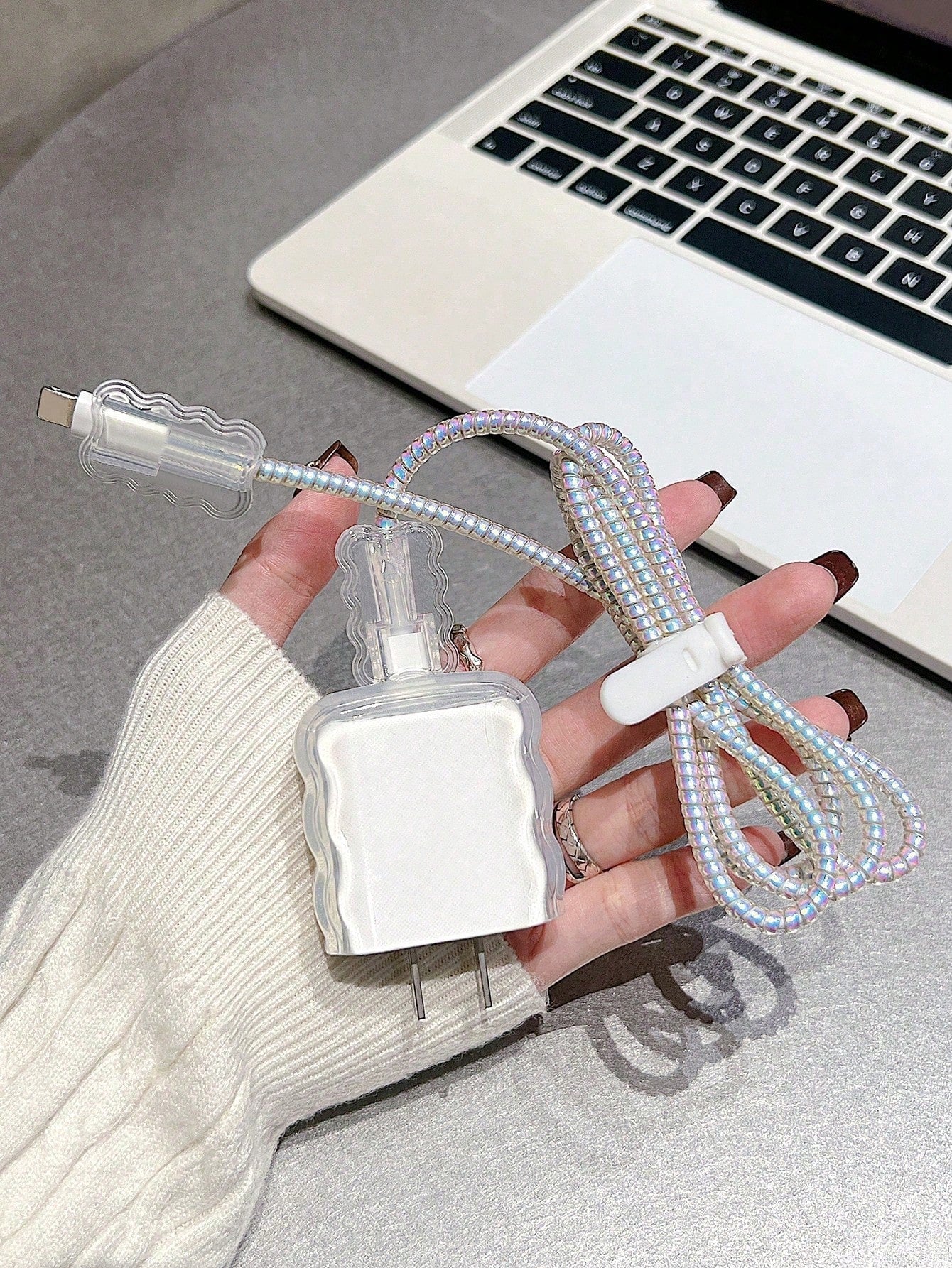 5pcs/Set Solid Color Transparent Wave Shell Data Cable Charging Head Protection Sleeve With 1.5m Winding & Fixing Device, Compatible With IPhone 12/13/14 Mobile Phone Models, 20w Fast Charge Data Cabl