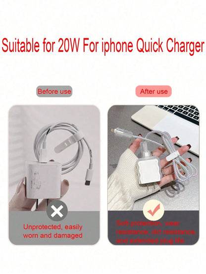 5pcs/Set Solid Color Transparent Wave Shell Data Cable Charging Head Protection Sleeve With 1.5m Winding & Fixing Device, Compatible With IPhone 12/13/14 Mobile Phone Models, 20w Fast Charge Data Cabl