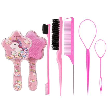 5pcs Unicorn & Star Hair Styling Tool Set, Includes Air Cushion Massage Comb, Sideburn & Eyebrow Comb, Volumizing Teasing Comb, Steel Needle Tail Comb, Large & Small Hair Pullers, Cute Girls Hair Acce