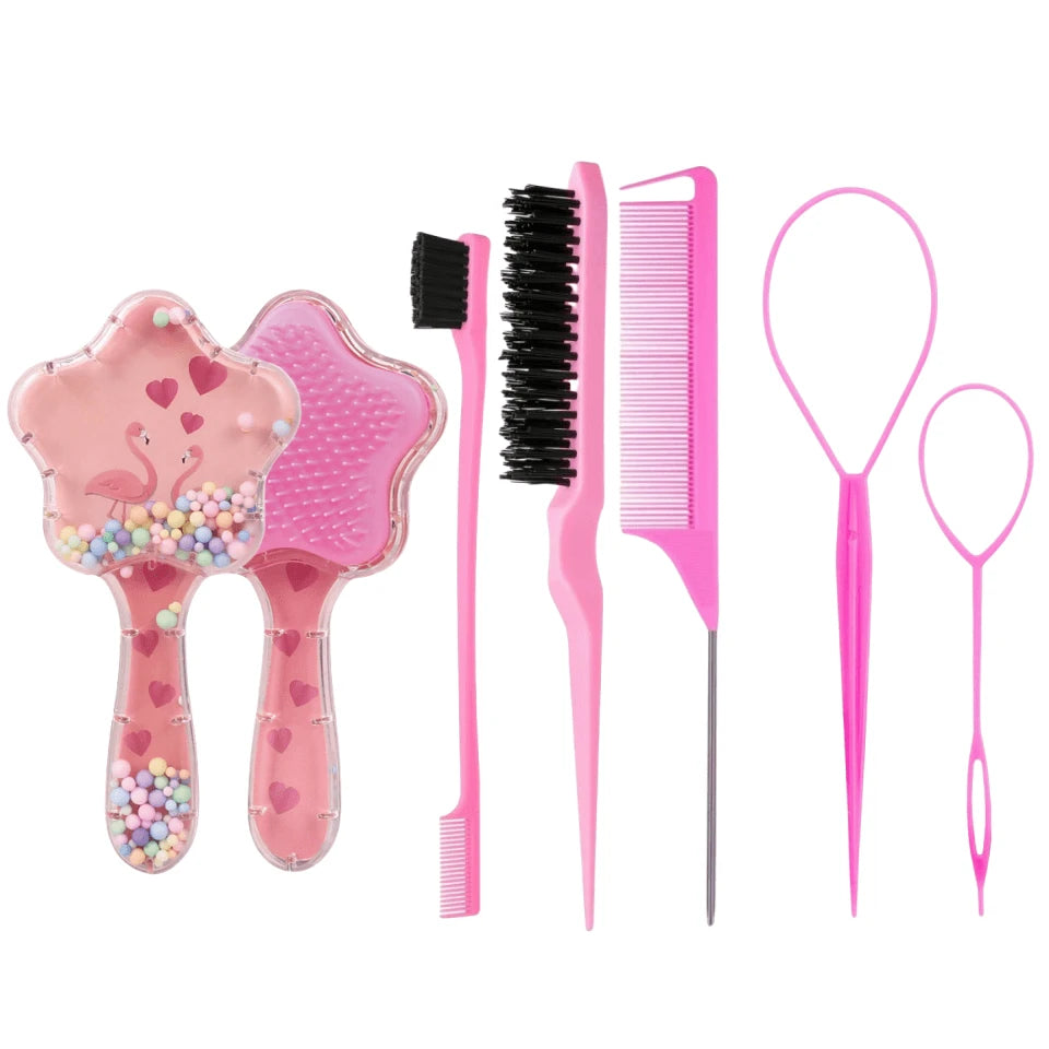 5pcs Unicorn & Star Hair Styling Tool Set, Includes Air Cushion Massage Comb, Sideburn & Eyebrow Comb, Volumizing Teasing Comb, Steel Needle Tail Comb, Large & Small Hair Pullers, Cute Girls Hair Acce