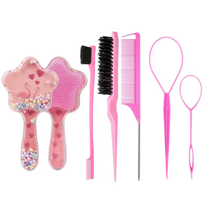 5pcs Unicorn & Star Hair Styling Tool Set, Includes Air Cushion Massage Comb, Sideburn & Eyebrow Comb, Volumizing Teasing Comb, Steel Needle Tail Comb, Large & Small Hair Pullers, Cute Girls Hair Acce